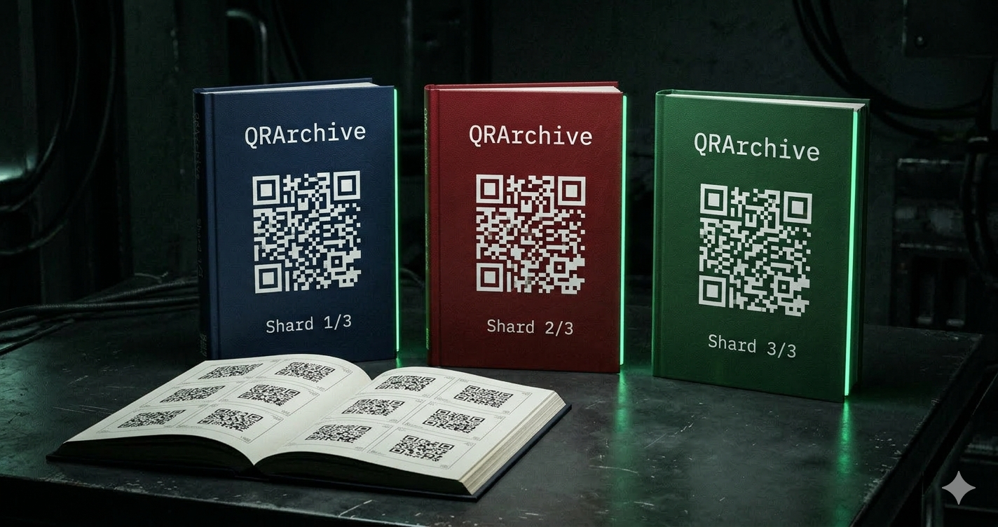 Three QRArchive shard books — navy, crimson, and green — each containing encrypted QR codes labeled Shard 1/3, 2/3, and 3/3